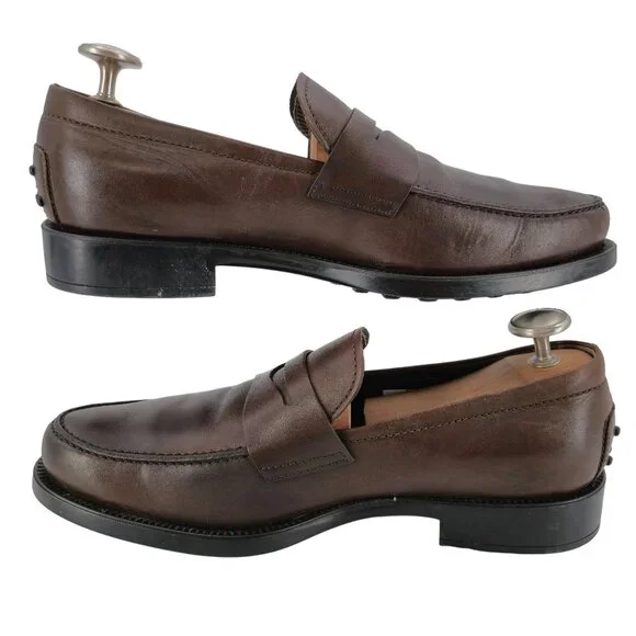 Tod's Italy Brown Leather Penny Loafers Mens size 9 Dress Shoes Driving Slip-ons - Picture 9 of 13